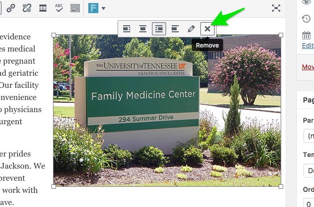image showing green arrow pointing at the remove image button